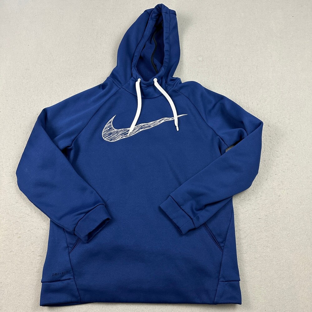 Nike Hoodie Men Medium Blue Big Swoosh Pullover Sweatshirt Training Pockets M